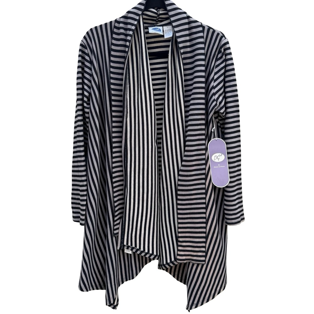 Diane Gilman Layering Striped Open Front Draped Cardigan Grey Black Womens S NEW